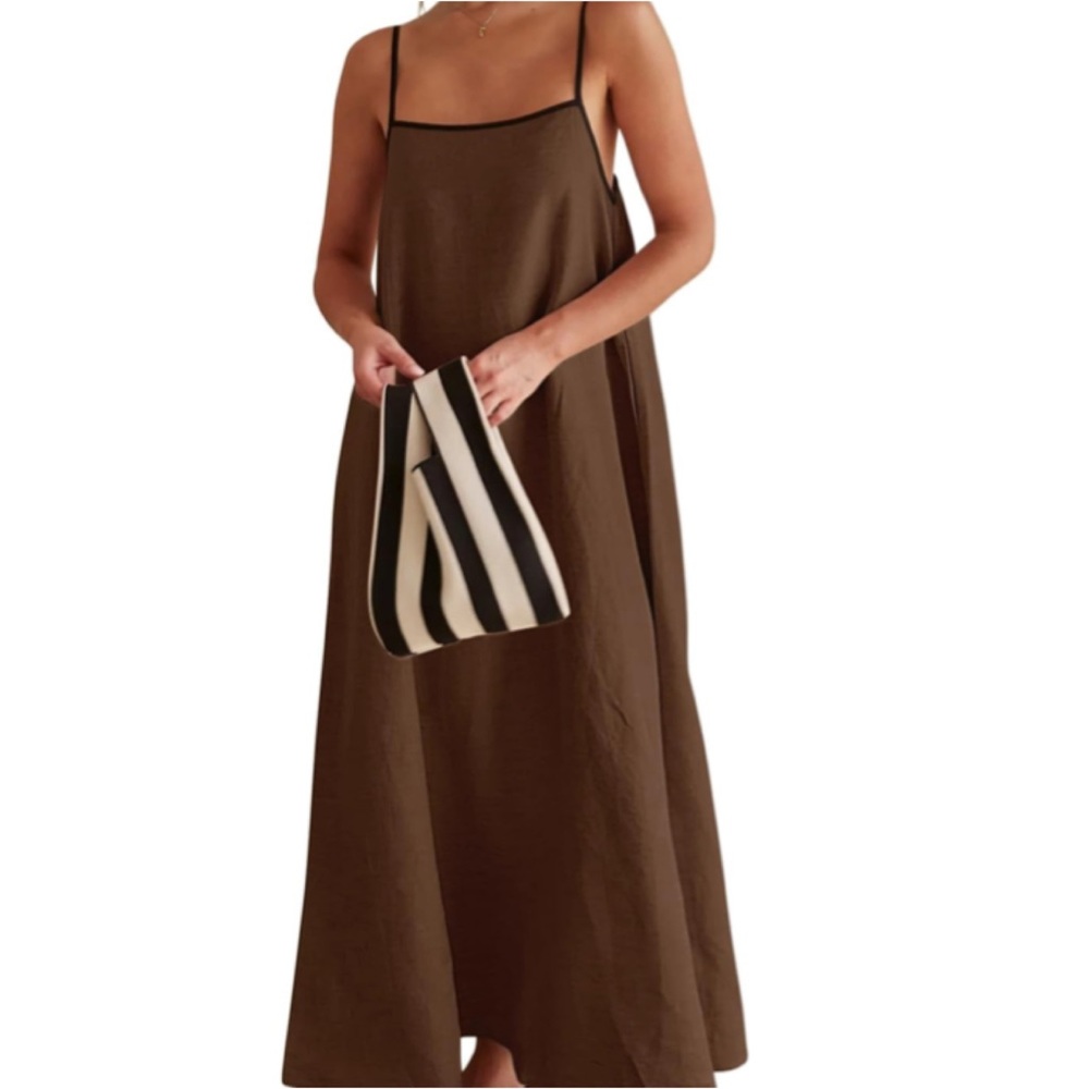Summer Linen Maxi Dress w/Contrasting Color Spaghetti Strap Backless - Picture 4 of 11